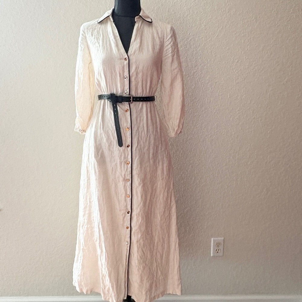 Forever New 100% Linen‎ Contrast Piping Maxi Shirt Dress Size 0 Preppy Coastal